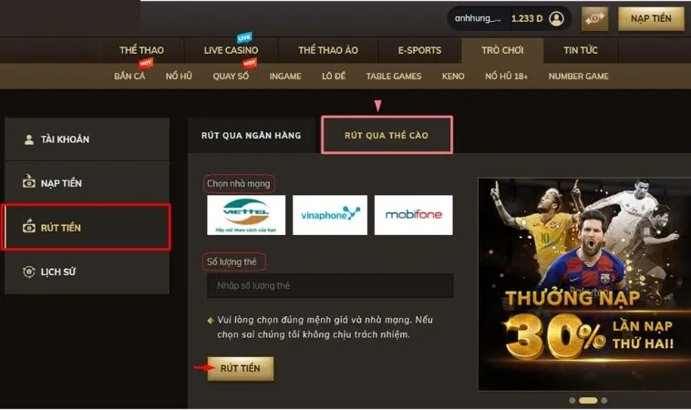 Rút Tiền BET168VN: Bí Quyết Nhận Tiền Nhanh Chóng Và An Toàn 2 Giao diện Rút Tiền BET168VN